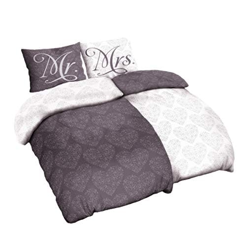 Niceprice 4 Teilig Winter Bettwäsche Microfaser Thermo Fleece in Wendeoptik Grau Creme Partner Look Mr und Mrs 2X 135x200 + 2X 80x80 cm