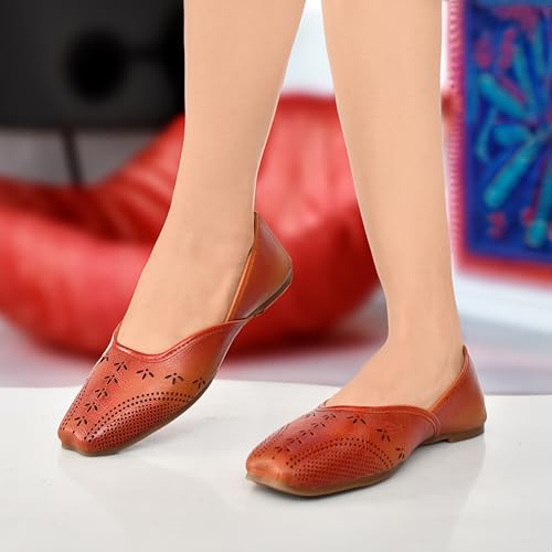 Image of Duosoft Women's Leather Ballet Flats, Black Perforated Design, Comfort Cushioned Insole, Slip-On Style Bellies Dw-201-Tan