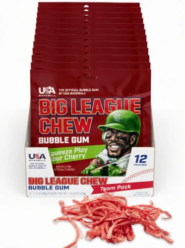 Image of New! Big League Chew Sour Cherry Bubble Gum - Ideal for Baseball Games, Teams, Concessions, Parties, and More | Pack of 12 Bags (2.12oz Each)