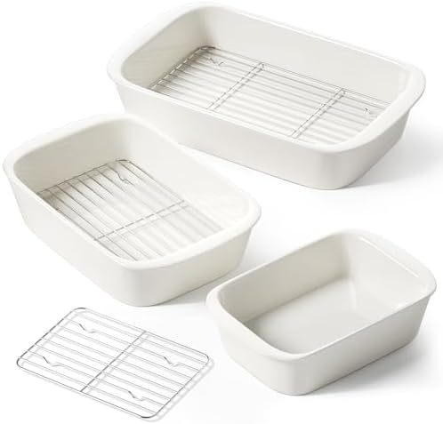 LE TAUCI Deep Casserole Dishes for Oven, 13.7”x9.6” Ceramic Baking Dish Set with Roasting Racks, Large Lasagna Pans with Handles, Rectangular Bakeware as Gift for Mom, White (4.6QT/3.0QT/1.6QT), Set of 3 - Thumbnail 2