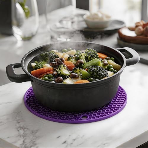 Image of Silicone Trivet Mats,Heat Resistant Pot Holders, Multipurpose Non-Slip Hot Pads for Kitchen Potholders, Hot Dishers, Jar Opener, Spoon Holder, Food Grade Silicone(Purple Size Round 7''x7'')