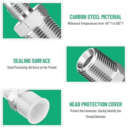 Image of 10 Pack Hydraulic Hose Adapter Fittings: 1 /4 inch JIC 37 Male x 3 /8 inch NPT Male, Straight Tube Connectors with Protection Cover