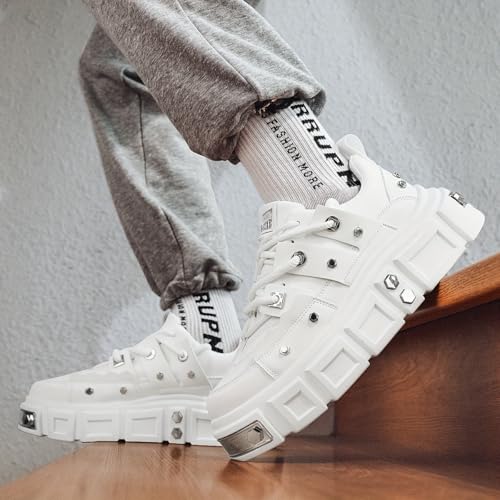 White Unisex Thick-Soled Trainers - Avant-Garde Chunky Sneakers with Punk-Inspired Metal Stud Accents - Perfect for Skateboarding, Parties & Everyday Wear4