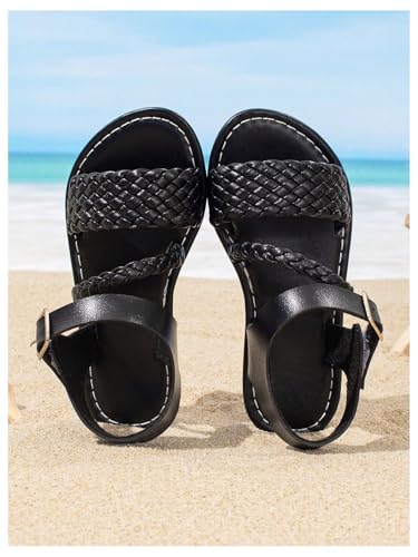 Image of GORGLITTER Girl's Leather Ankle Strap Flat Sandals Dressy Braided Round Open Toe Summer Vacation Beach Cute Sandals 2025