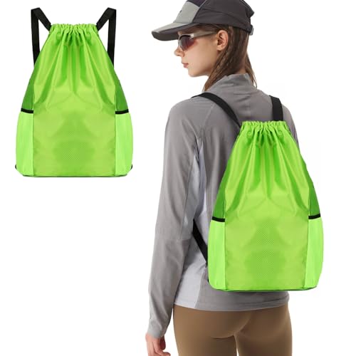 Mochila ajustável com cordão, impermeável, para academia, com compartimento para sapatos, 2 suportes para garrafa de água para caminhadas, acampamento, Verde, Medium, Bolsa esportiva