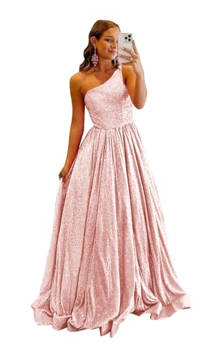 One Shoulder Sequin Prom Dresses 2025 Sparkly Long Ball Gowns Formal Dresses for Women with Pockets