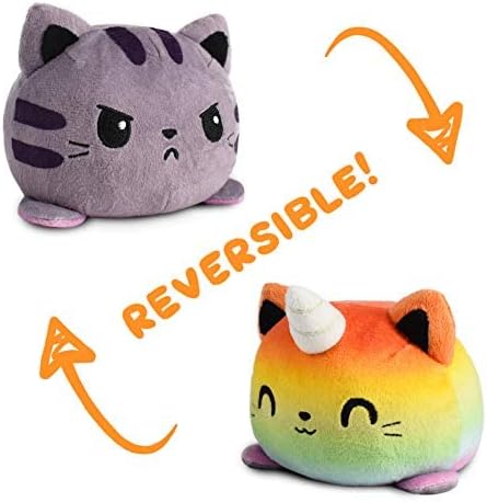 TeeTurtle - The Original Reversible Cat Plushie - Rainbow Kittencorn + Gray Tabby - Cute Sensory Fidget Stuffed Animals That Show Your Mood