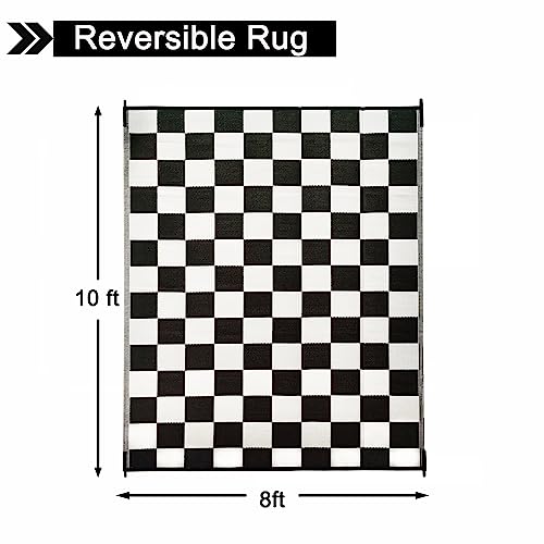 Outdoor Rug 8'X10' For Patios Clearance,Waterproof Indoor Outdoor Mats For Camping,Beach,Rv,Porch,Picnic,Reversible,Black And White,Check #TOP1