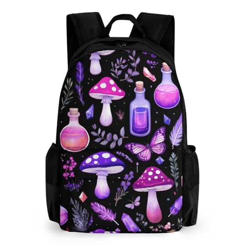 Gothic Magic Witch Witchy Trippy Purple Mushrooms Rucksacks Lightweight Multipurpose Anti-Theft Shoulder Bag Big Capacity Traveling & Camping Backpack With Side Pockets