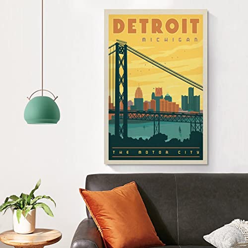 Travel Poster Landscape Poster Detroit Motor City Poster Decorative Painting Canvas Wall Posters And Art Picture Print Modern Family Bedroom Decor Posters 12X18Inch(30X45Cm) #TOP3