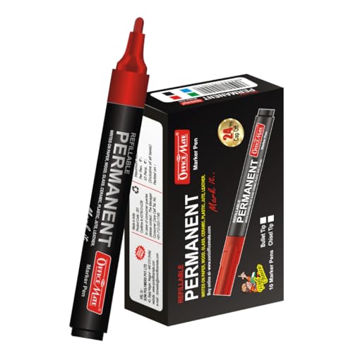 Image of Soni OfficeMate Permanent Marker - Red | Refillable, Thick Barrel Design | Quick-Drying, Waterproof & Fade-Resistant | Alcohol-Based Ink, Non-Bleeding | Multi-Surface Use - Plastic, Glass, Ceramic, | Quick-Drying, Waterproof & Fade-Resistant | Alcohol-Based Ink, Non-Bleeding | Multi-Surface Use - Plastic, Glass, Ceramic