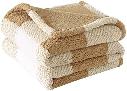 Panku Plaid Sherpa Throw Blanket with Solid Plush Reverse, Reversible Soft Fleece Blanket for Couch and Bed, Cozy and Warm Fuzzy Blanket, Camel Plaid, 50x60 Inches