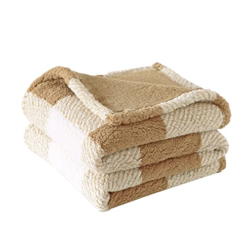Panku Plaid Sherpa Throw Blanket With Solid Plush Reverse, Reversible Soft Fleece Blanket For Couch And Bed, Cozy And Warm Fuzzy Blanket, Camel Plaid, 50X60 Inches #TOP20
