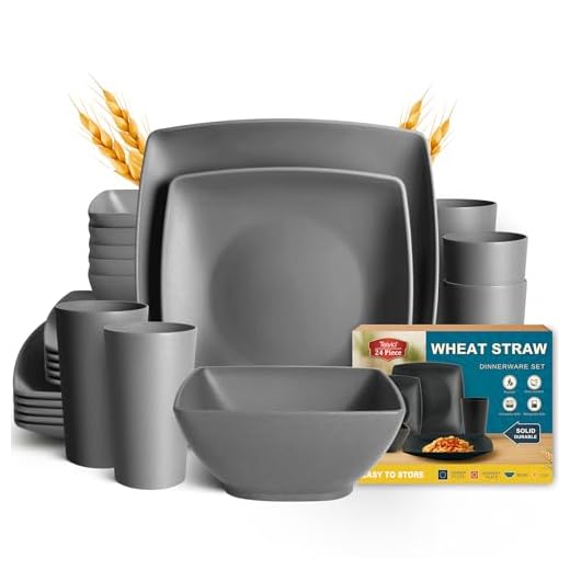 Teivio 24-piece Plastic Wheat Straw Square Dinnerware Set for 6, Unbreakable Dinner Plates, Salad Plates, Snack Bowls, Tumblers 20 oz, Dishwasher Safe (Service for 6 (24 pieces), Grey)