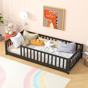Toddler Twin Size Floor Bed with Fence for Kids,Solid Wood Bedframe,Easy to Assemble, No Box Spring Needed,Espresso Toddler Twin Size Floor Bed with Fence for KidsSolid Wood BedframeEasy to Assemble No Box Spring NeededEspresso