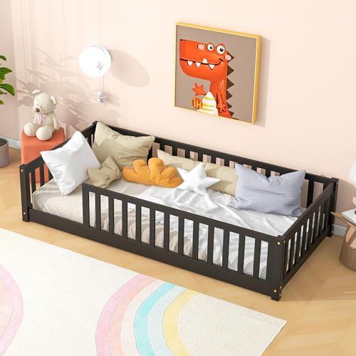 Toddler Twin Size Floor Bed with Fence for KidsSolid Wood BedframeEasy to Assemble No Box Spring NeededEspresso