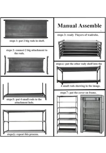 Image of Collapsible Fabric Wardrobe with 6 Shelves, Navy Blue, Metal, Rectangular, Lightweight, Modern, Foldable Clothes Storage Organizer (Black)