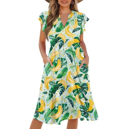 Image of Women's Casual Ruffle Sleeve Dress V Neck Pullover Dress Flowy A-Line Pleated Lightweight Dress with Pockets