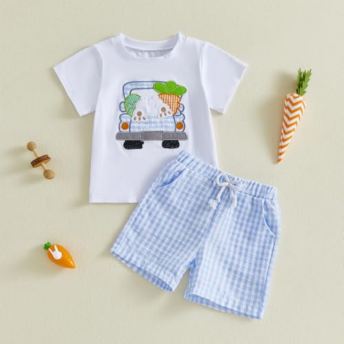 Image of Toddler Baby Boy Easter Rabbit Outfit Short Sleeve Bunny Carrot Smocked T-shirt Elastic Waist Shorts Summer Clothes