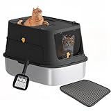 Stainless Steel Cat Litter Box with Lid, 23.6"x16.9"x15.7" XL Extra Large Litter Box for Big Cats, Enclosed Removable Litter Boxs with Cat Litter Mat & Scoop, Anti-Leakage,Easy Cleaning (Black)