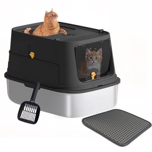 Stainless Steel Cat Litter Box with Lid, 23.6"x16.9"x15.7" XL Extra Large Litter Box for Big Cats, Enclosed Removable Litter Boxs with Cat Litter Mat & Scoop, Anti-Leakage,Easy Cleaning (Black)