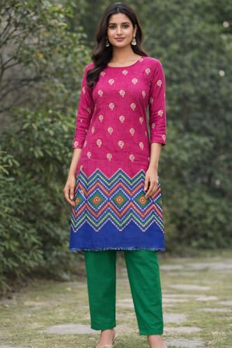Image of Women's Cotton Blend Unstitched Kurti Set for Women | A-Line Style Dress Material | 2-Piece Traditional Ethnic Wear Suit Fabric