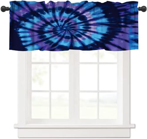 Image of Swirl Tie Dye Purple Black Window Valance Curtain, Retro Spiral Hippie Style Chic Multicolor Watercolor Window Treatment Valances for Kitchen Living Room Cafe Decor 54'x18', 1 Panel