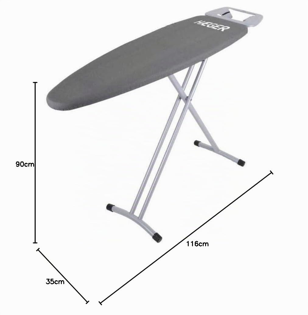 HAEGER HOME - Tabla de Planchar con altura ajustable, descanso de hierro de doble posición, patas metálicas termolacadas con pies antideslizantes de gran apoyo, funda 100% algodón con espuma de 5mm.