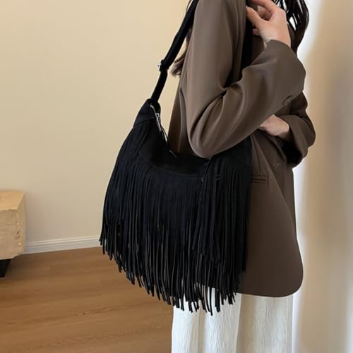 Image of Women Vintage Suede Fringe Hobo Bag Tote Shoulder Bag Crossbody Bag and Hippie Western Cowgirl Purse Shoulder Bag