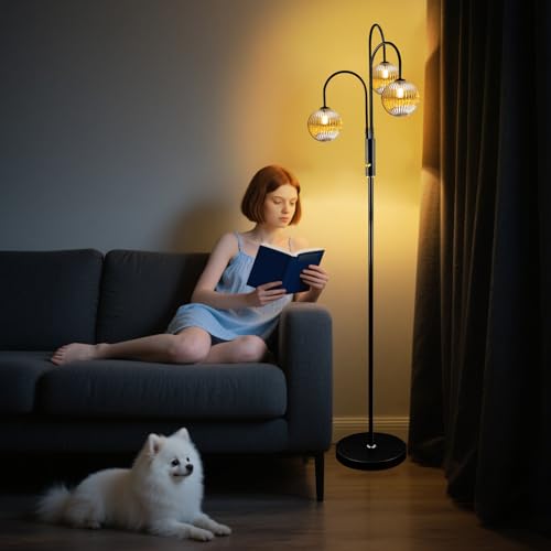 Image of Lightdot 70IN Dimmable Floor Lamp for Living Room, 3 Light LED Tree Floor Lamps with Glass Globe Shade& Bulb Included, Mid Century Standing Tall Lamp with 5Lbs Heavy Base for Bedroom /Sofa Beside-Black