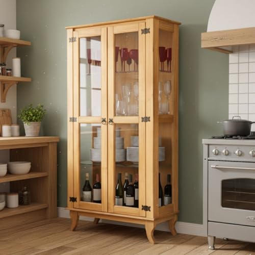 Cristaleira em madeira maciça com portas de vidro e prateleiras reforçadas, estilo colonial, perfeita para sala de jantar ou decoração sofisticada (Imbuia)