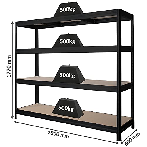 Certeo Stabiles Schwerlastregal | Tragkraft bis zu 500 kg pro Fachboden | HxBxT 1770 x 1800 x 600 mm | Kellerregal… – Bild 3