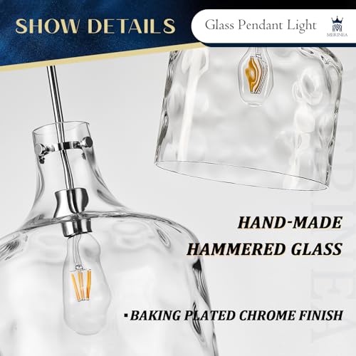 Image of 12 inch Chrome Farmhouse Pendant Light, Hammered Glass, E26 Hanging Light | Chrome hammered glass pendant light with adjustable chain, E26 socket, ideal for kitchen islands and dining rooms
