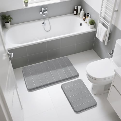 Image of Yimobra 2 Pieces Memory Foam Bathroom Rug Set,Non Slip - Super Water Absorption Soft Bath Mats Rugs,Thick, Dry Fast,Machine Washable for Bathroom Floor Mat , (17x24 + 31.5x19.8 Inches), Gray