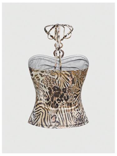 Verdusa Women's Leopard Ruched Halter Top Boho Beaded Fitted Sleeveless Going Out Tops2