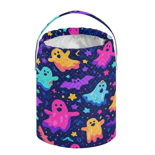 Image of ElliTarr Crochet Bag Yarn Bag with Handle Portable Knitting Project Bag Travel Yarn Storage Organizer Holder Case Neon Halloween Ghosts Stars Bats