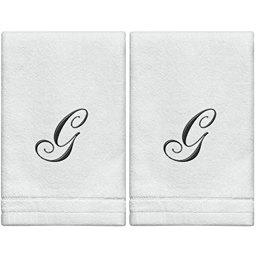 monogrammed towels fingertip, personalized gift, 11 x 18 inches - set of 2- black embroidered towel - extra absorbent 100% cotton- soft velour finish - for bathroom/ kitchen/ spa- initial g (white)