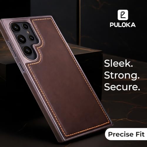 Image of PULOKA Chrome Leather Back Case - Compatible with Samsung Galaxy S25 Ultra - Luxury Bumper Case - Flexible Vegan Leather - Electroplated Sides - Full Camera Protection & Raised Edges - Brown