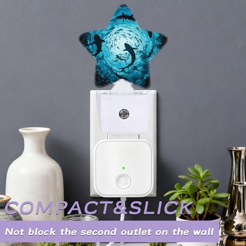 Image of Sharks Swimming Decorative Nightlight Plug in Wall,Deep Blue Sea Star Shaped Night Light with Built in Sensor for Home Decor,Kitchen Hallway Stairs Desk Lamp
