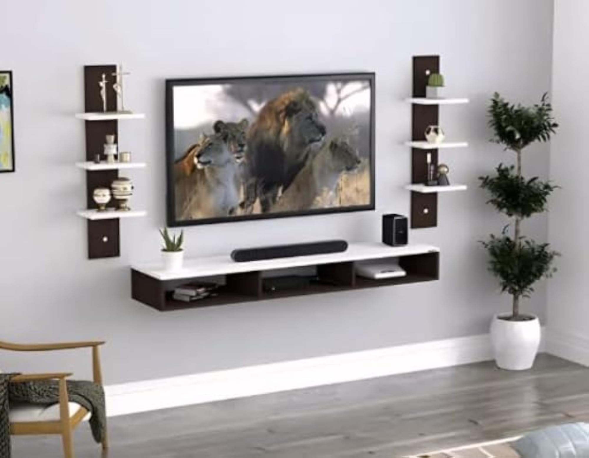 Black Wall Mounted TV Unit with Shelves, Floating Design