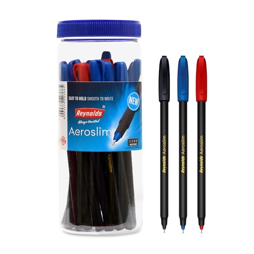 Reynolds AEROSLIM Ball Pen SET - 25 PENS (15 BLUE, 5 Black, 5 Red) | PENS WITH COMFORTABLE GRIP |BALL PENS FOR WRITING | PEN FOR STUDENTS & OFFICE STATIONERY | 0.7 mm TIP SIZE (Image - 1)