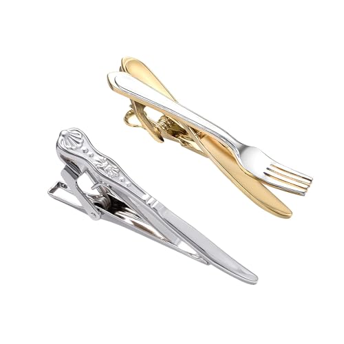 Image of 2Pcs Tie Clip Set for Men Unique Silver Gold Black Tie Clip Personalized Tie Bar Clip Fathers Day Birthday Wedding Jewelry