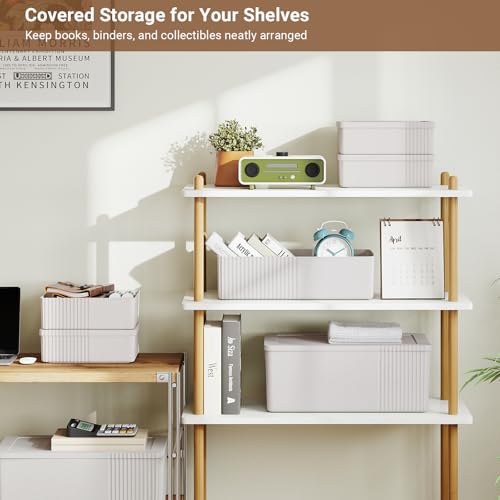 Image of Decorative Storage Bins with Lids, Set of 6, 3 Size Baskets, Ivory