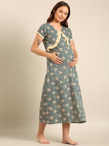 Image of Rupa Jon Aishwarya Women Full Length Maternity Night Dress in Cotton Blend Fabric, Maxi Nighty, Pregnancy Night Dress for Nursing, Pre and Post Pregnancy