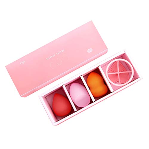 Vtrem 3 PCs Makeup Sponge Blender + 1 Sponge Holder Soft Reusable Make Up Sponges with Sponge Drying Stand for Liquid, Cream, and Powder, Red & Pink & Orange