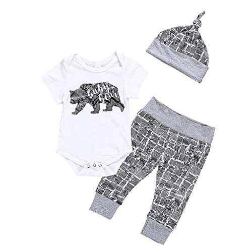 (0-18 Months) Newborn Infant Baby Boy Clothes Bear Letter Romper+ Pants+Hat 3Pcs Outfits Set Infant and Toddler Short-Sleeved Bear Print Hakama + Gray Trousers + Hat Three-Piece Suit