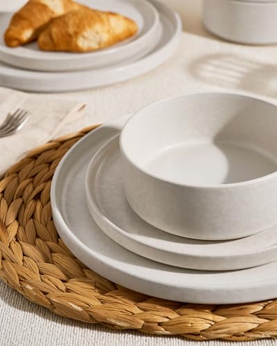 Image of Famiware Nebula Plates and Bowls Sets, 24 Pieces Stoneware Dinnerware Sets, Reactive Glaze Dish Set, Dishes Set for 8, Matte Beige White