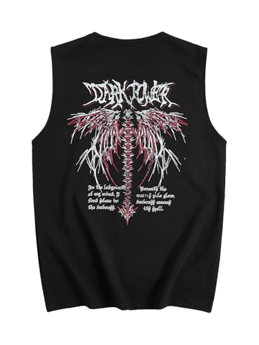 BEAUDRM Men's Gothic Graphic Tank Top Vintage Crew Neck Sleeveless Summer Vest Tops Casual Workout Tank Top Black Large