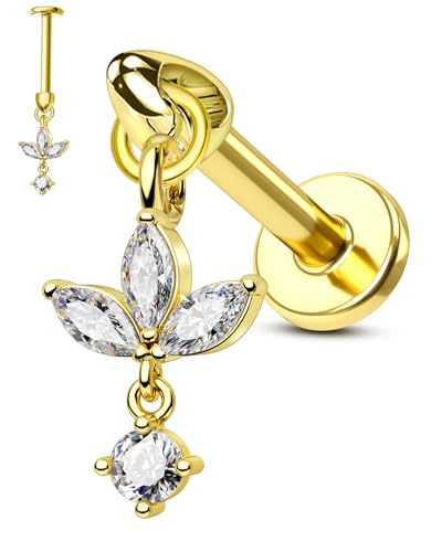 COCHARM 16G Lotus Flower Vertical Helix Piercing Jewelry Gold Cartilage Earring, Dangle Design Flat Back Cartilage Jewelry-Drop 6mm Top Helix Lobe Earring Stud for Women