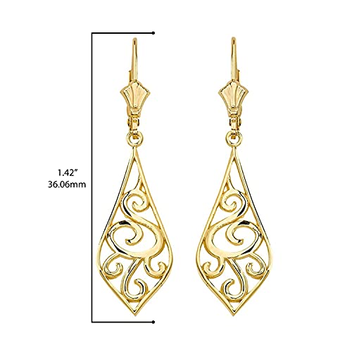10K Yellow Gold Art Nouveau Swirl Teardrop Dangle Leverback Earrings - 1.42" #TOP2